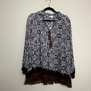 NWT Love Kyla Ayala Blue Paisley Fringe Boho Western‎ Pullover Blouse Sz S